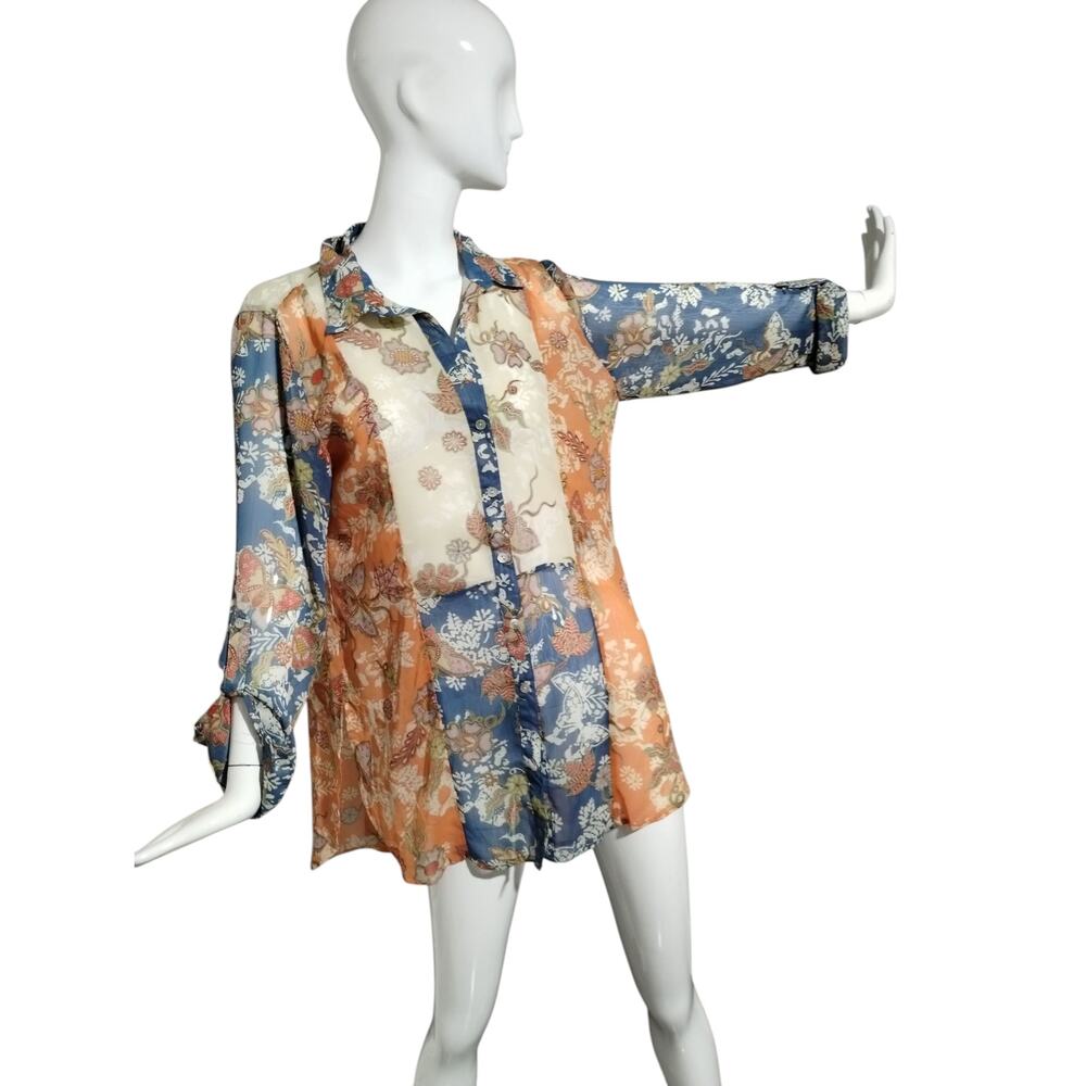 Anthropologie Fig and Flower Women's Large Patchwork Sheer Florals Roll Tab Top